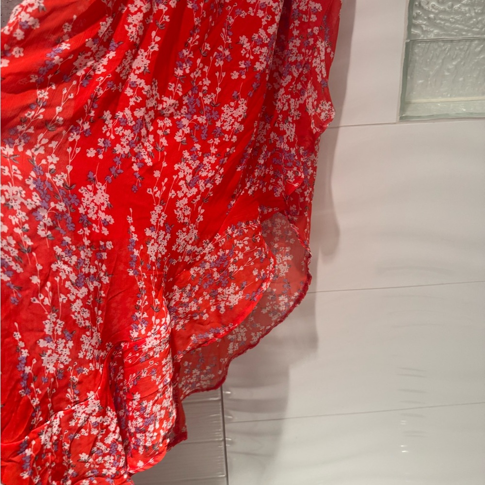 EcoWish Sundress Midi Boho Halter Sleeveless Asymmetrical Red Floral Cocktail - Picture 7 of 8